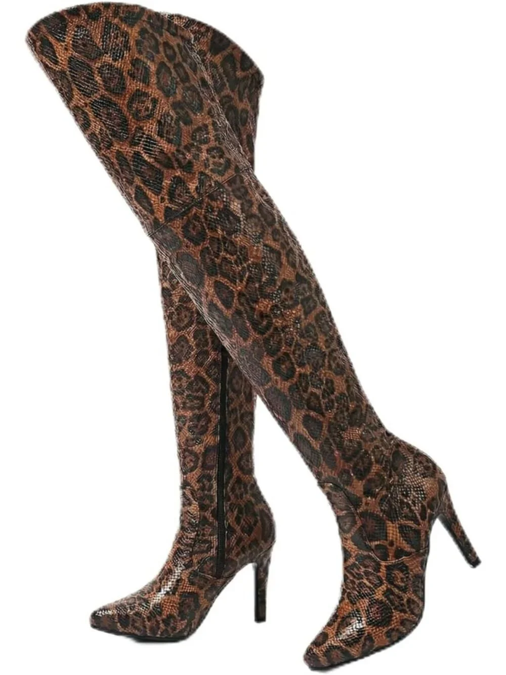 Women's Brown Pointed Toe Chunky Heel Side Zipper Over The Knee High Boots